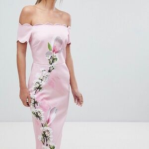 Ted Baker Women's Olyva Pink Harmony Scallop Bodycon Dress, flowers,hot,size:4